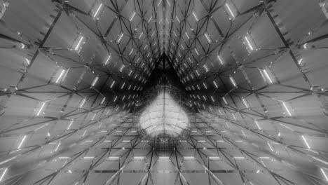 Forma-De-Corazón-En-Blanco-Y-Negro-Que-Brilla-El-Camino-A-Seguir-En-Vidrios-Rotos-Que-Reflejan-La-Arquitectura-De-La-Superficie,-Animación-Gráfica-3d