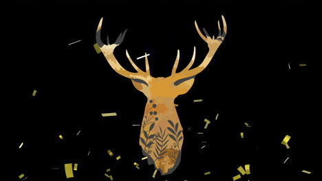 Animation-of-golden-confetti-falling-over-rear-view-of-stag-head-on-black-background