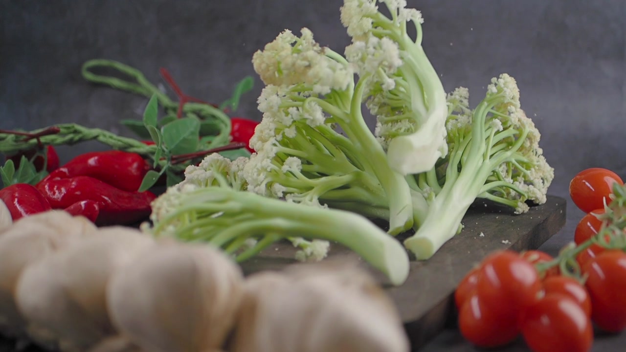 Fresh Cauliflower Florets Dropping onto a Wooden Board
