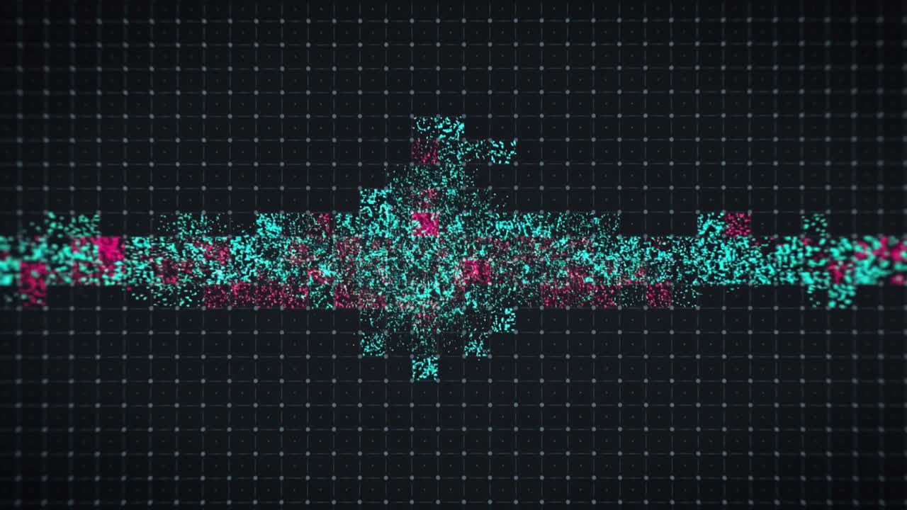 Contracting central particle cloud spurring bits drifting across dark grid toward glowing blocks