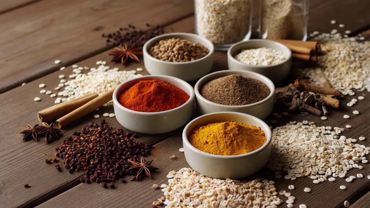 A vibrant assortment of colorful spices and ingredients on a rustic wooden table