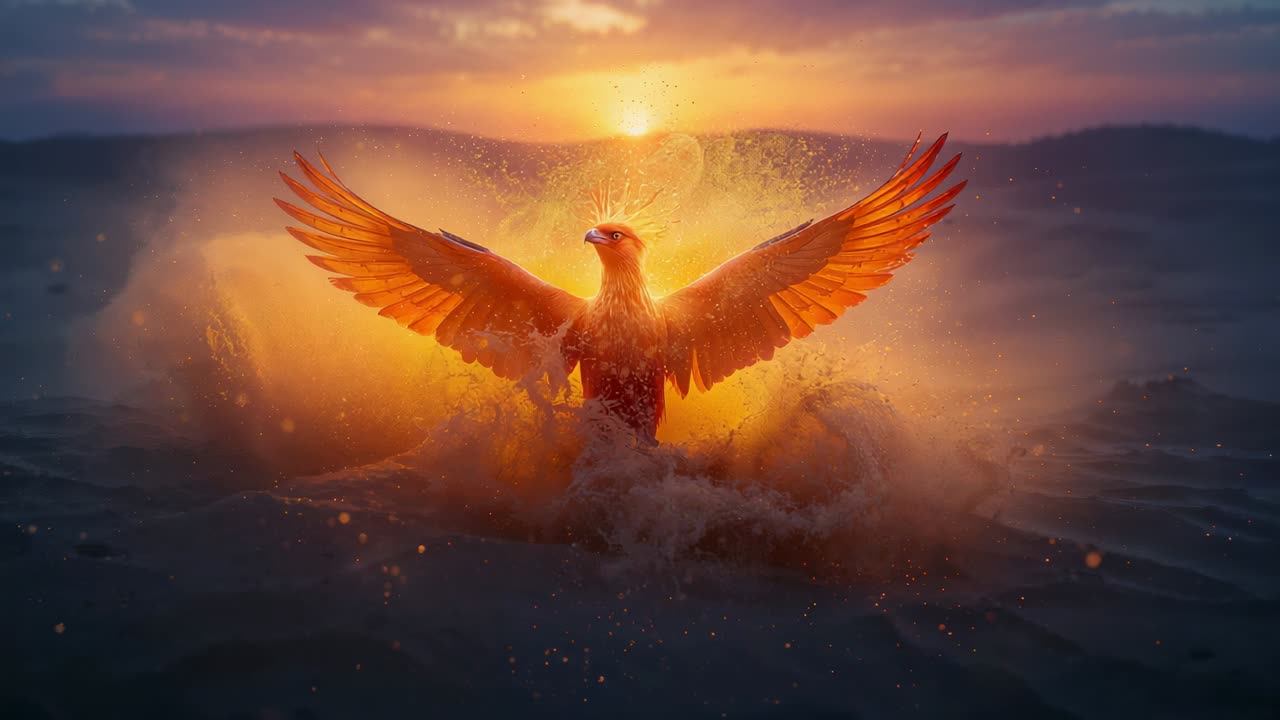 Grande uccello infuocato arancione che si alza spiegando le ali dal mare in tempesta verso il sole splendente, spruzzando acqua