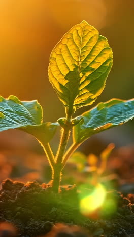 a small plant is growing in the dirt. the plant is green and has a leafy appearance. the dirt is brown and the sun is shining on the plant