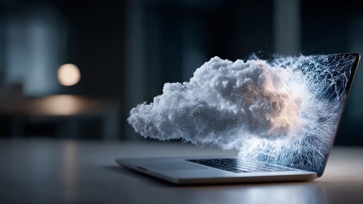 Et innovativt koncept for digital Cloudcomputing visualiseret med en bærbar computer, der udleder dynamisk energi og en skydannelse, hvilket indikerer teknologiens og fantasiens kraft