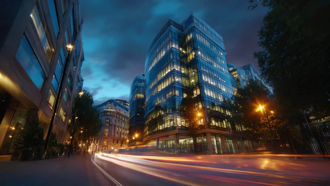 Uma transformação impressionante de edifícios urbanos ao entardecer, exibindo belas fachadas de vidro iluminadas por postes de rua em uma paisagem urbana moderna
