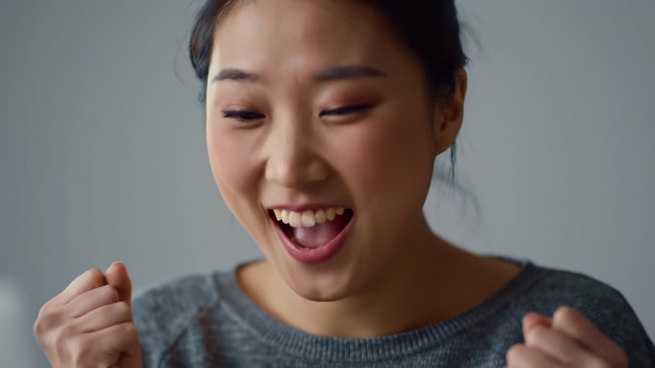 Joyful Celebration: A Young Woman Expresses Sheer Delight and Enthusiasm as She Celebrates a Moment of Happiness and Achievement Through Bright Smiles and Excited Gestures