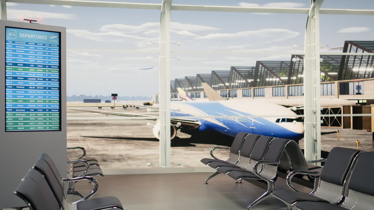 Lounge de aeroporto vazio com vista para a pista e um painel de voos.