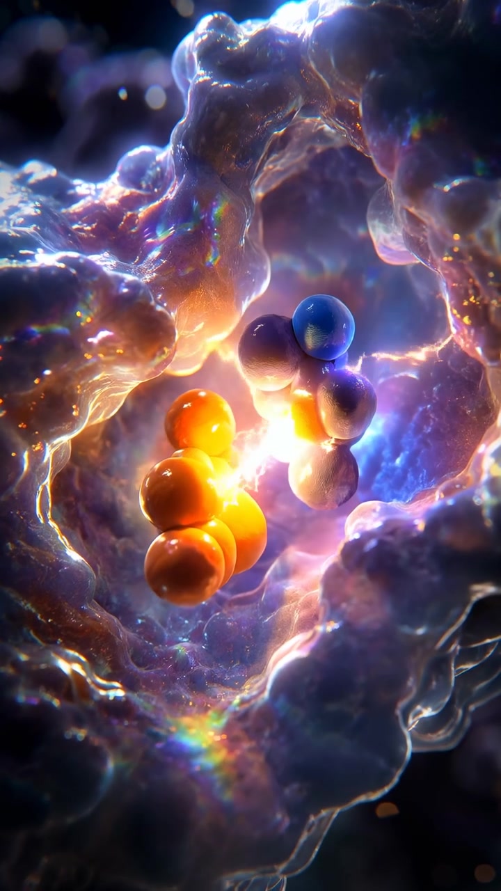 Grappoli di sfere colorate lisce si spostano gradualmente vicino a un nucleo caldo e luminoso mentre superfici traslucide blu-violetto luccicano intorno a esse, creando profondità a strati e riflessi radiosi