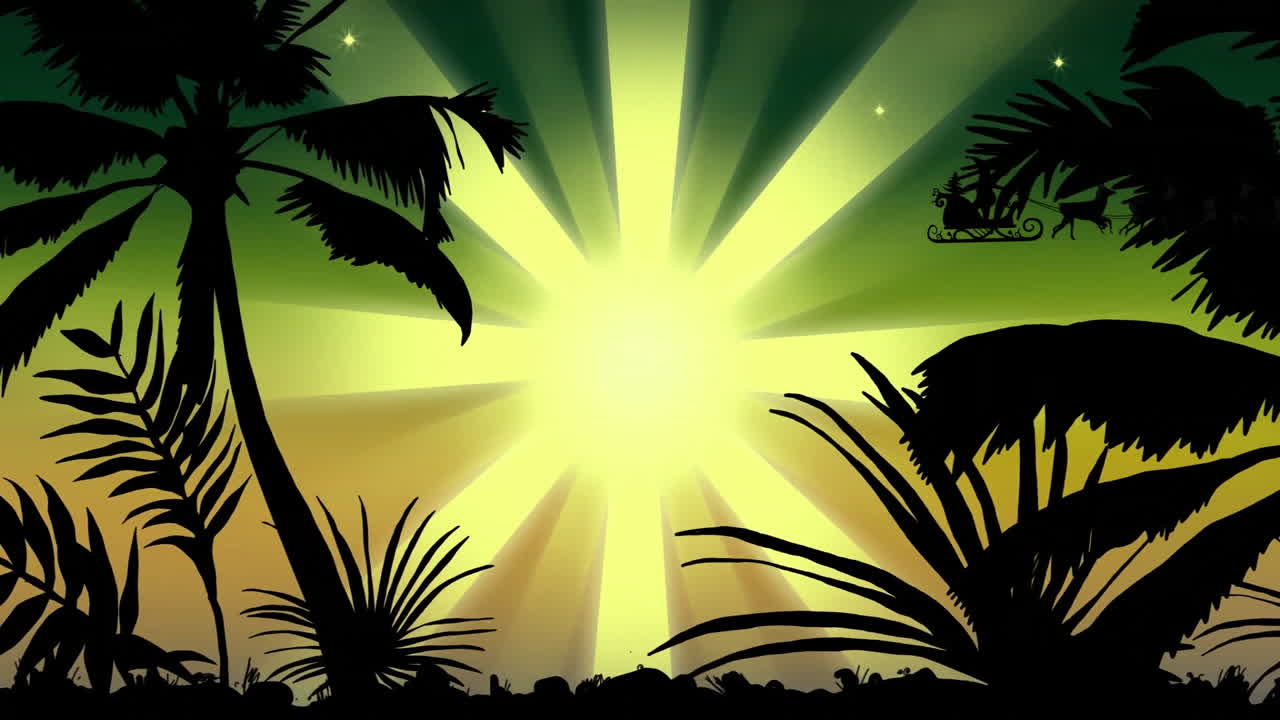 植物と太陽の上に、そりに乗ったサンタのアニメーション