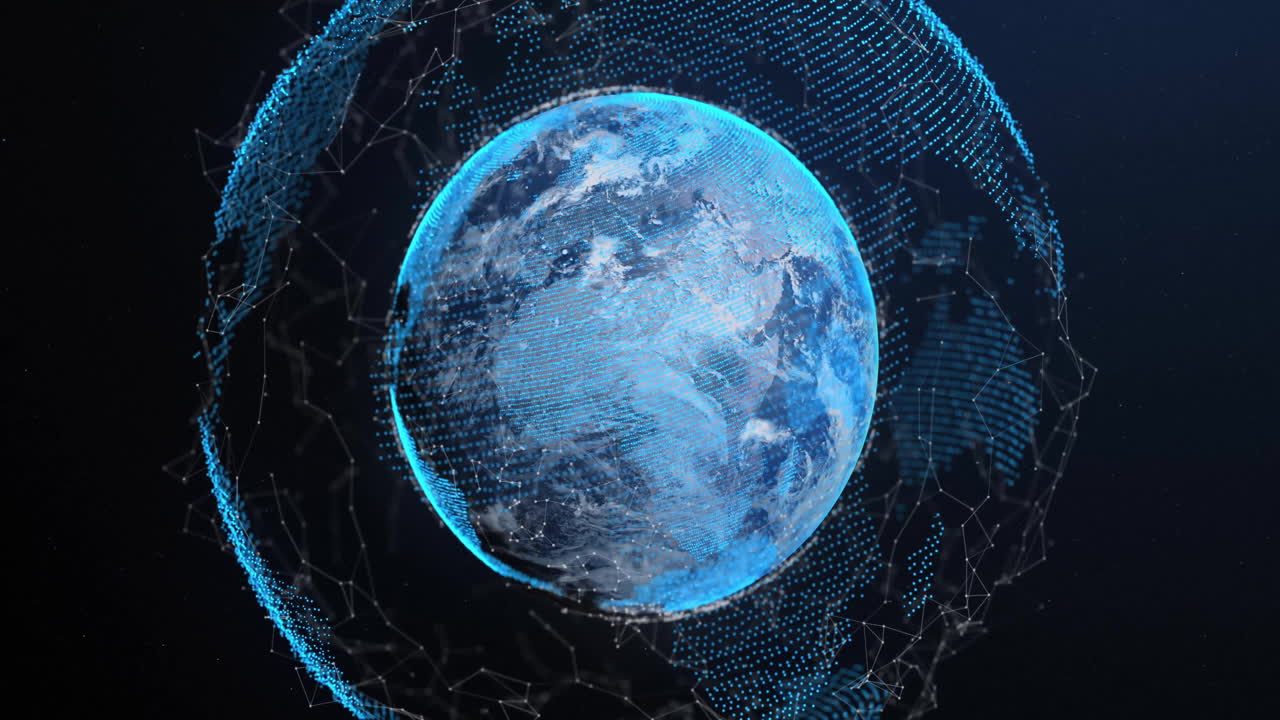 Animation of data processing and globe over black background