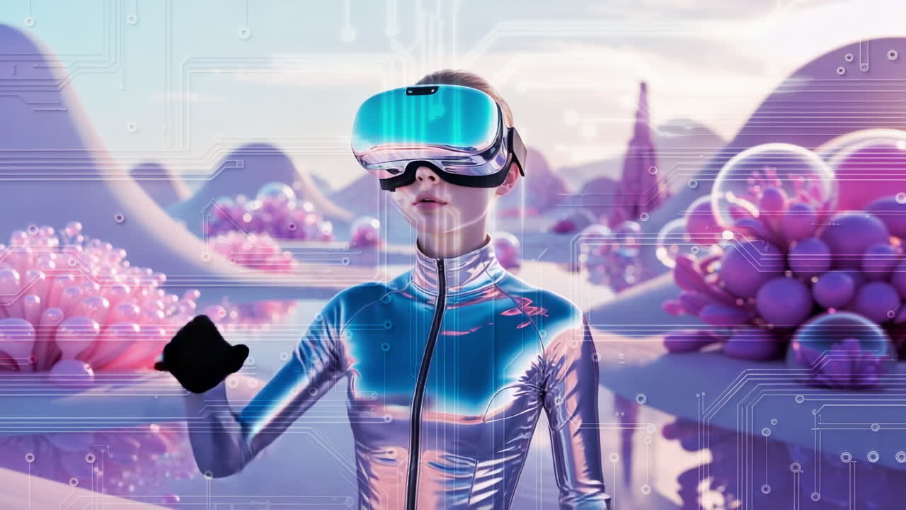Woman in VR Headset in a Futuristic Digital Landscape