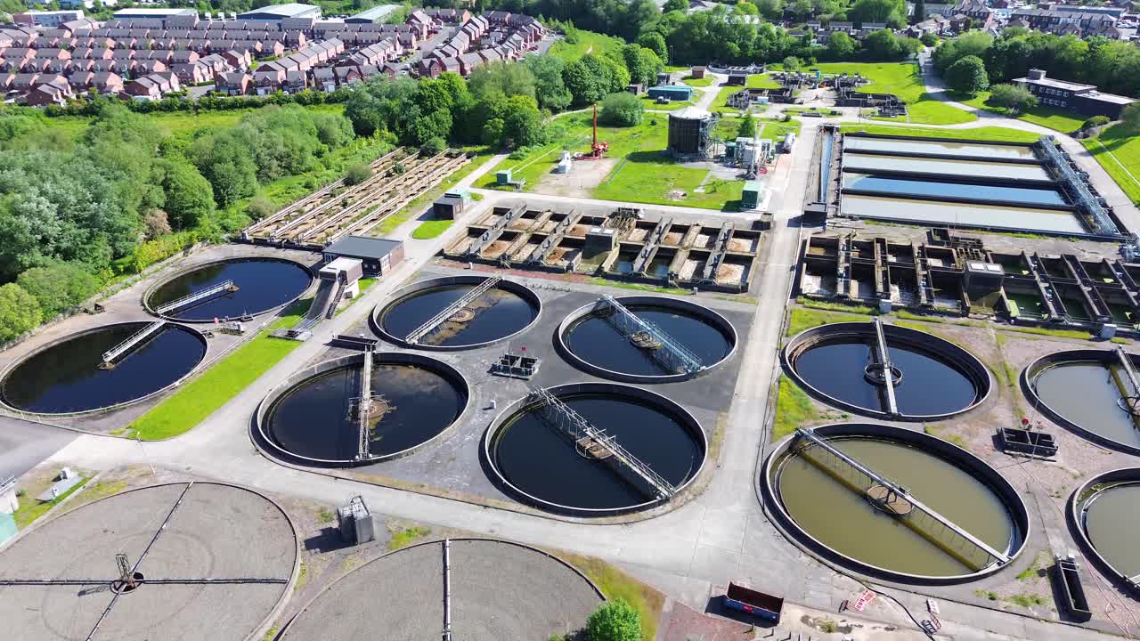 Aerial view of wastewater treatment plant and filtration of dirty sewage water