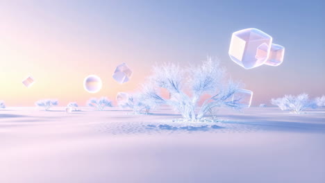 ethereal winter landscape with floating geometric forms