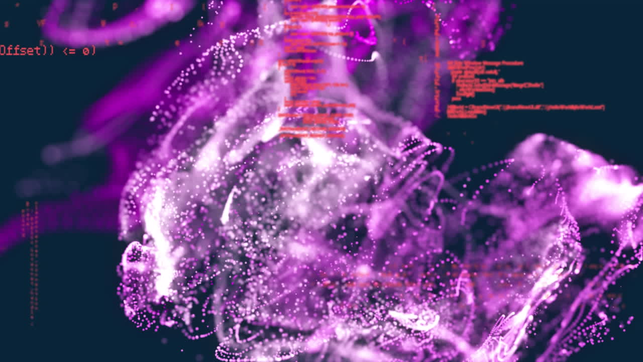 Animation of computer language over purple abstract pattern on black background