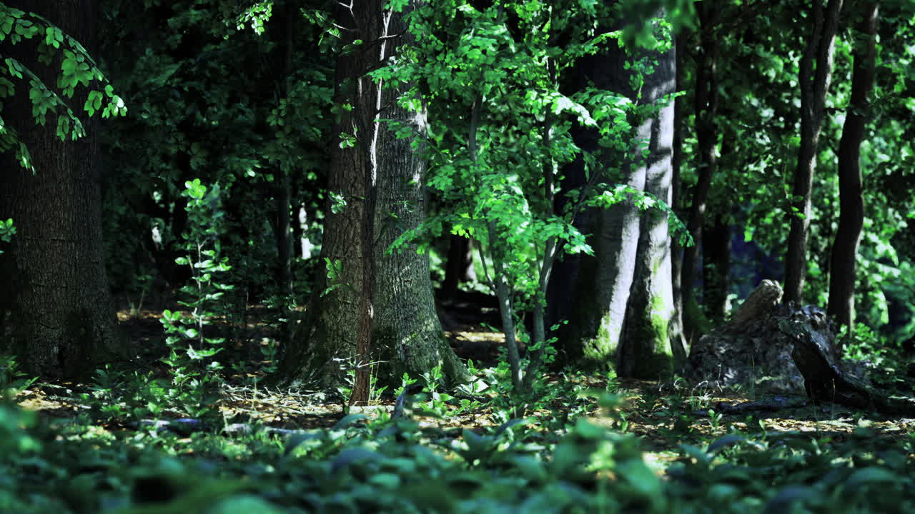 Lush green forest with sunlight filtering through the trees in spring