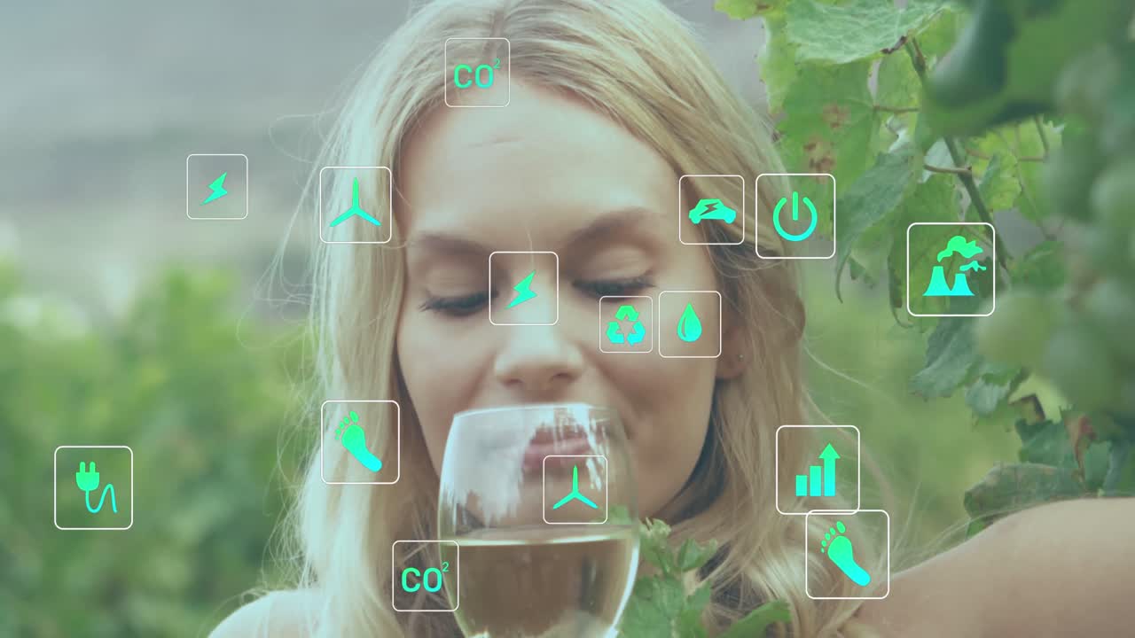 와인 한 잔을 가진 백인 여성 위에 생태학 아이콘의 애니메이션