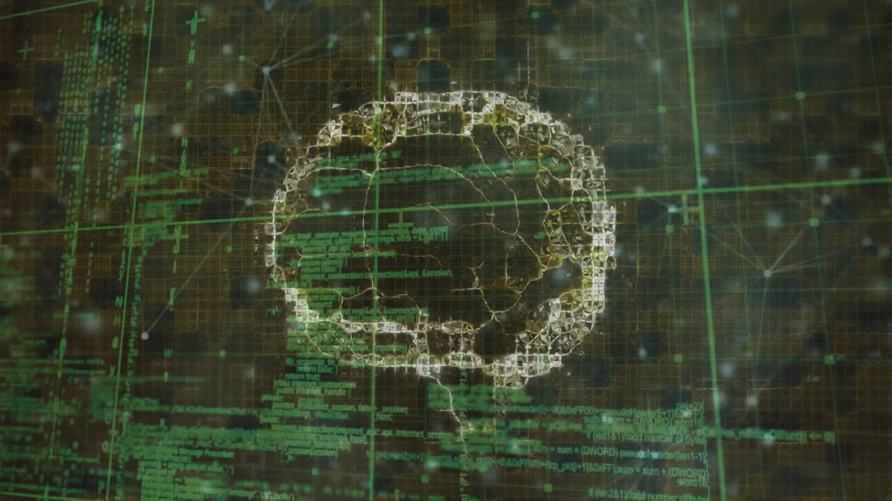 Animation of brain scan and network of connections with data processing on black background