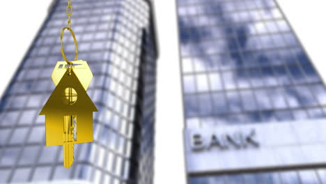 animation of key in house keychain over bank text on modern buildings against sky