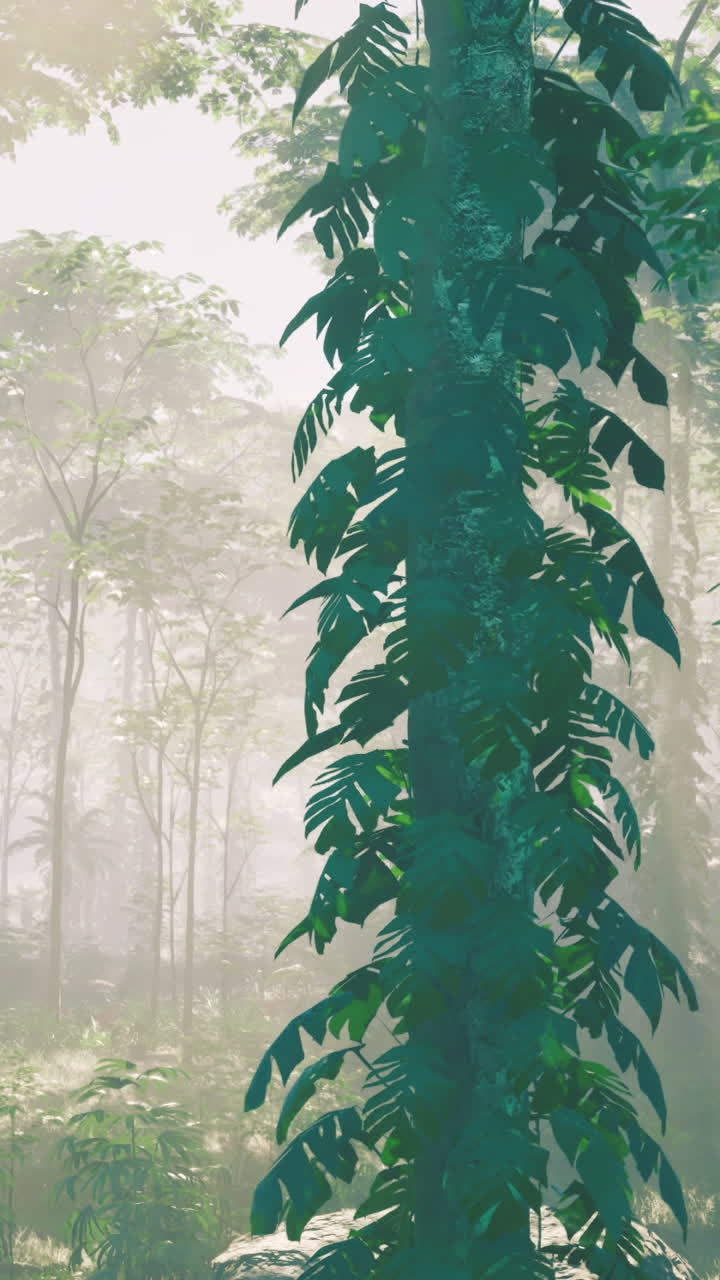 Lush green foliage fills the forest with morning light in a peaceful setting