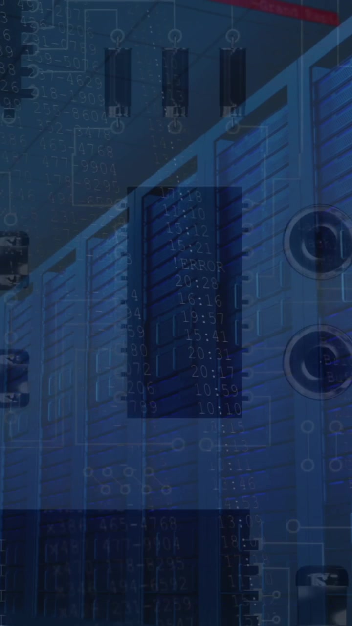 Animation af et netværk af forbindelser og databehandling over et serverrum.