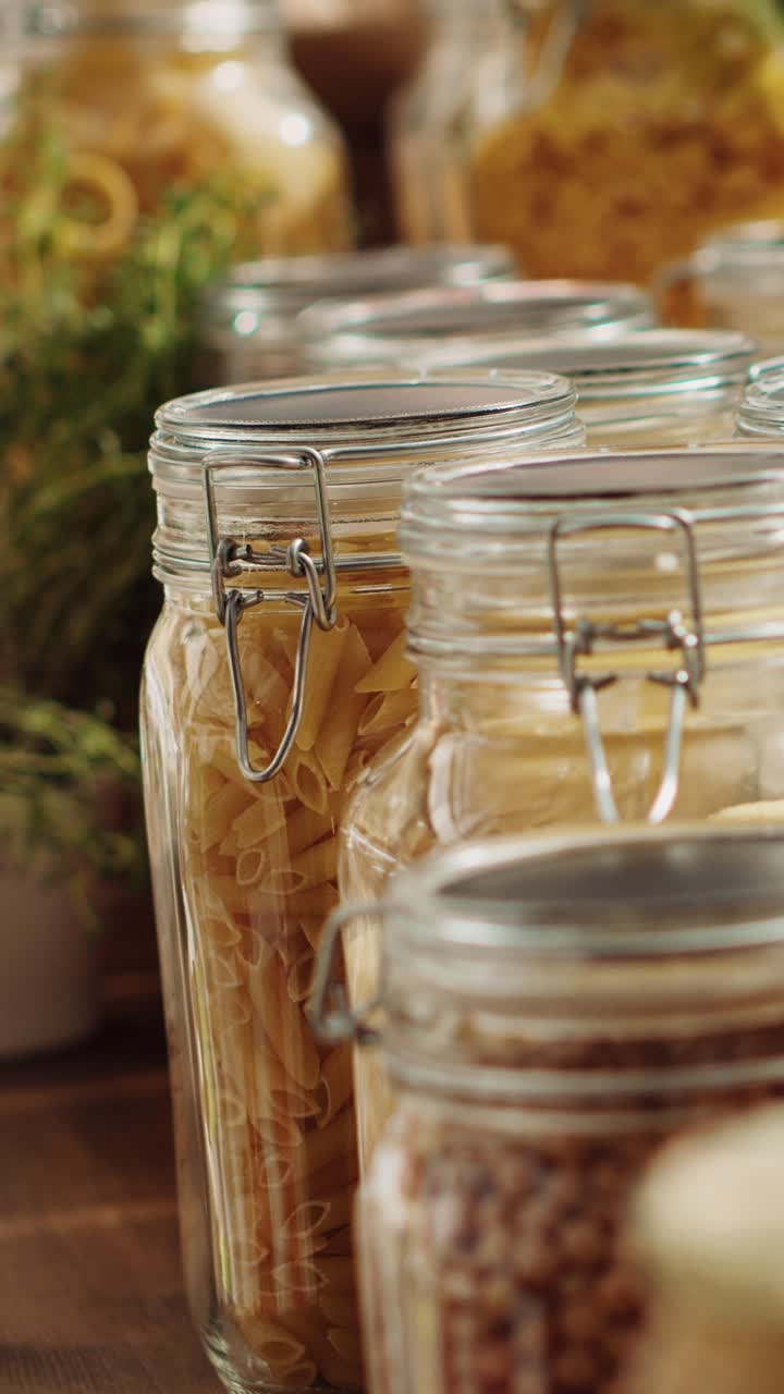 Vidéos verticales : produits de base du garde-manger dans des contenants recyclables