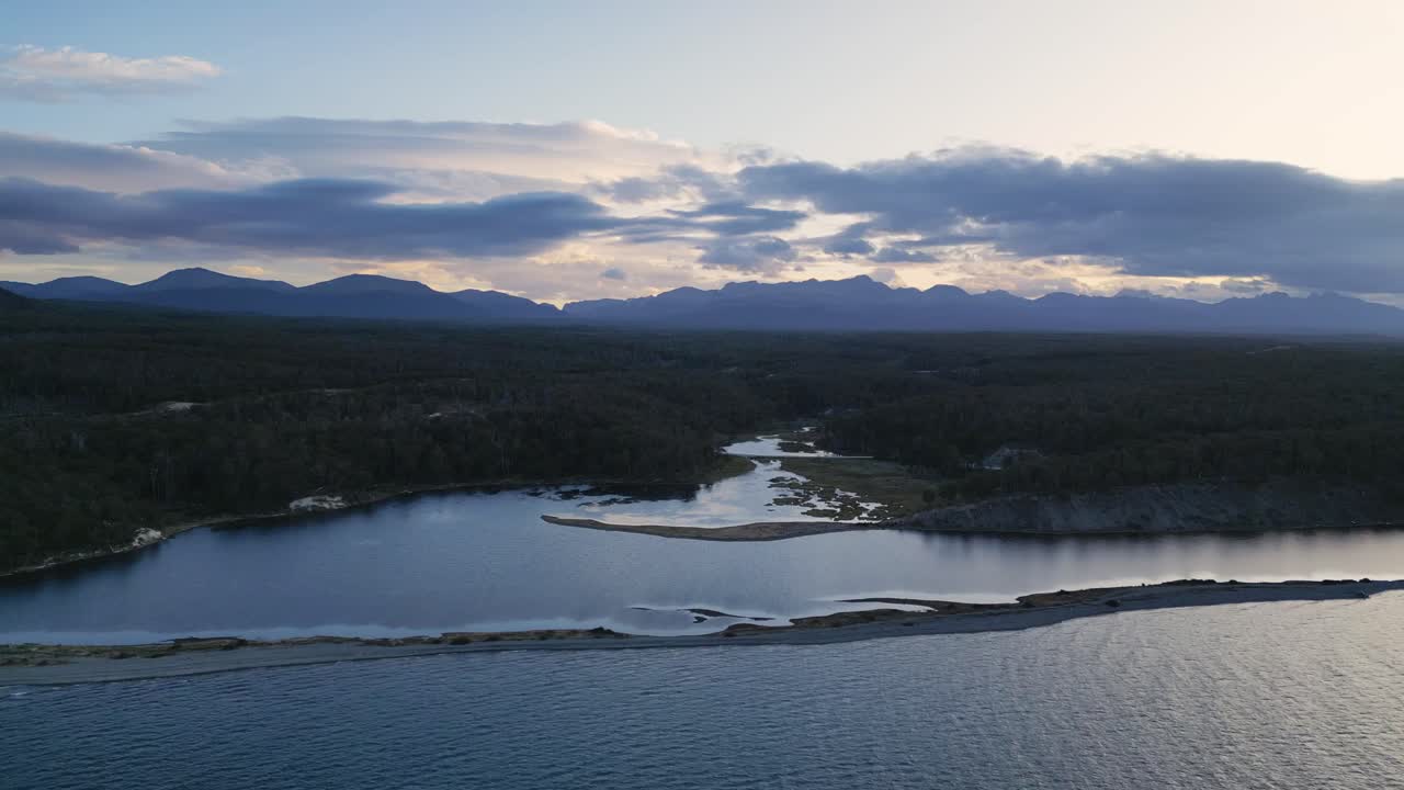 drone aéreo sobre el paisaje patagónico del lago cami en verano, bosque de pinos y horizonte de la cordillera andina, viajes y turismo de chile y argentina