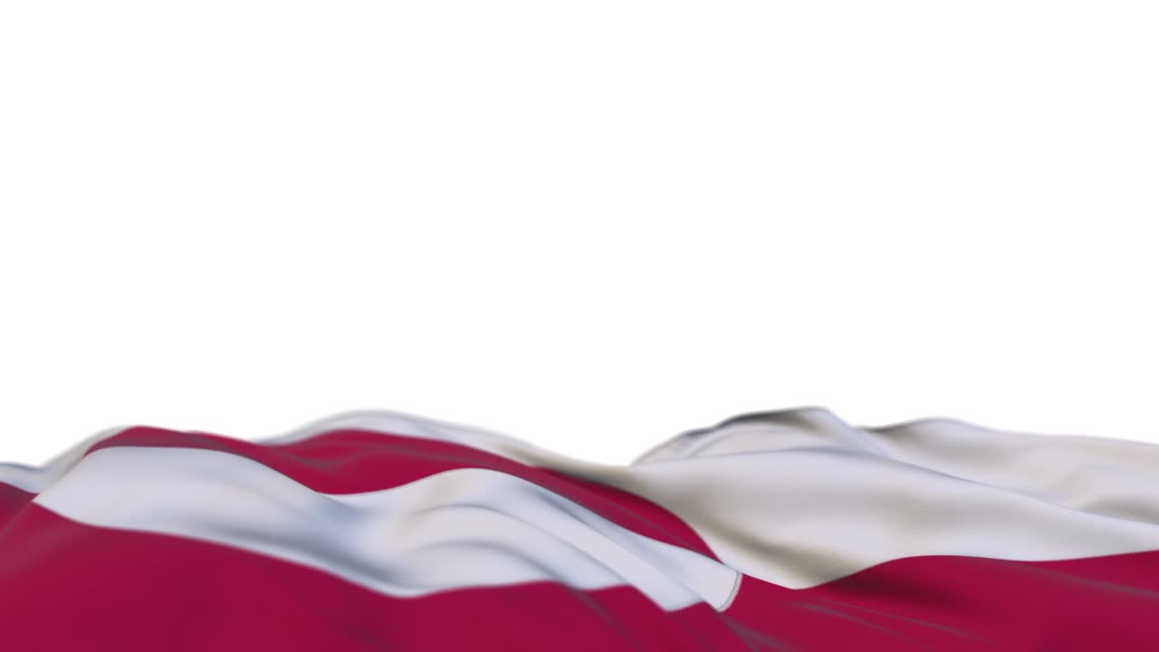 bandera de tela de groenlandia ondeando en el bucle del viento. bordado groenlandés estampado bandera de tela balanceándose en la brisa. fondo blanco medio lleno. lugar para el texto. bucle de 20 segundos.