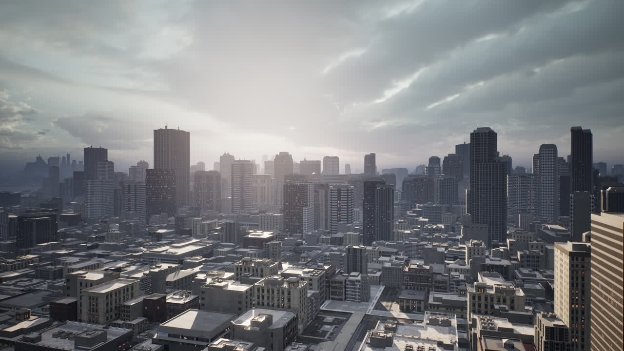 해가 지는 시점 에 초고층 건물 들 이 있는 스카이라인 공중 뷰