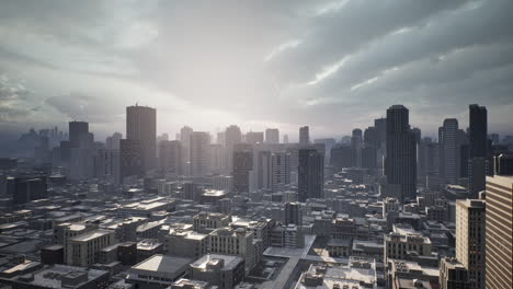 skyline aerial view at sunset with skyscrapers