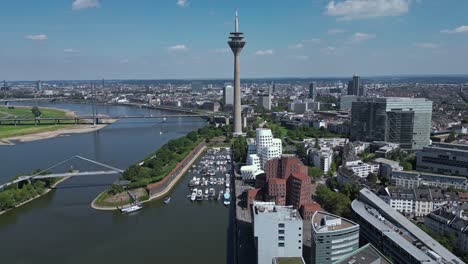 rheinturm, telecommunications tower in düsseldorf, germany. aerial