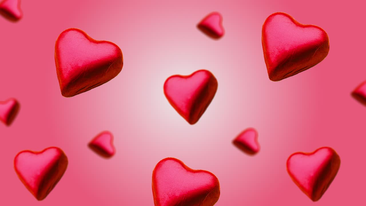 A heart shape wrapped chocolate candy flying and wiggle on a trending red gradient background. Sweet food concept. Love template for mother's and valentine's day. 4k sweets footage