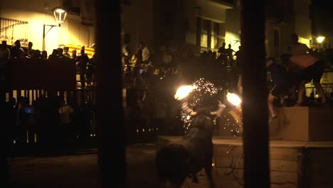 annual bull fight in valencia, spain at night - bull with fire on its horns attacking people - wide shot