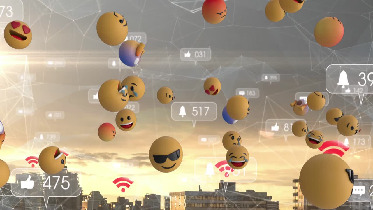 도시 풍경 위에 떠다니는 이모지와 소셜 미디어 디지털 아이콘의 애니메이션