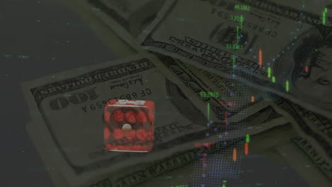 animación del procesamiento de datos financieros sobre dados y billetes de dólares estadounidenses en el fondo