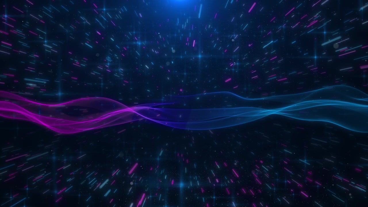 Cyan purple energy ribbon loop with glowing light trails star particles and dark futuristic space