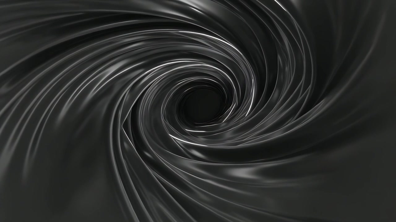 Playing CGI loop showing rotating metal spiral tightening in render, pulling toward dark aperture