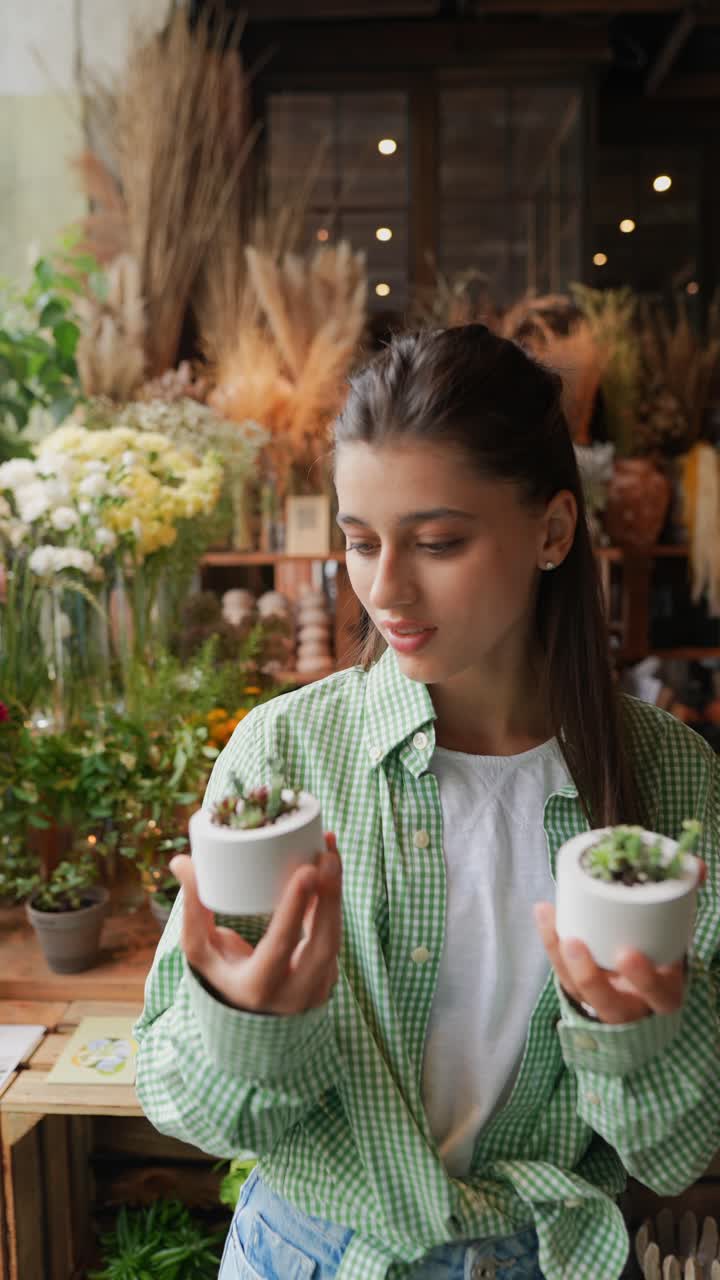 한 여자 가 꽃 가게 에서 수풀 을 구입 하고 있다
