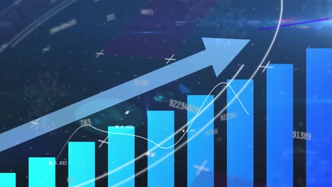 digital animation of multiple changing numbers over statistical data processing on blue background