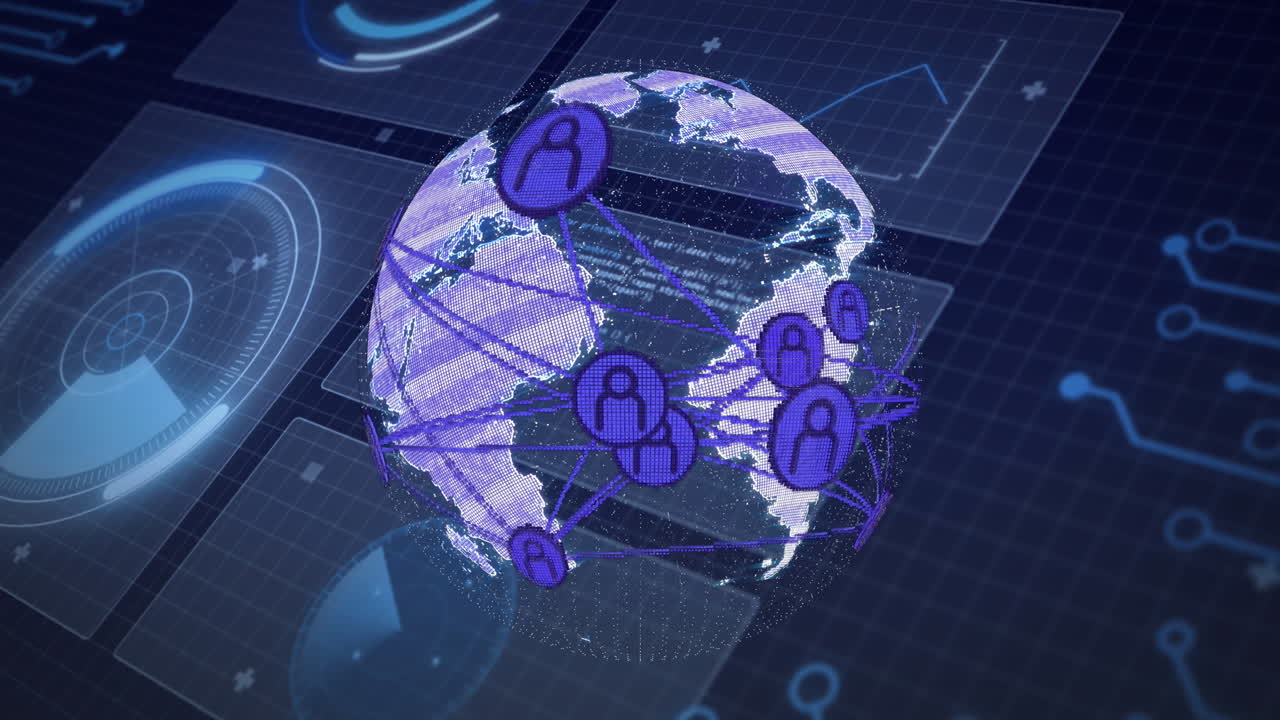 animación de la red de iconos de perfil sobre el globo giratorio contra la interfaz con el procesamiento de datos