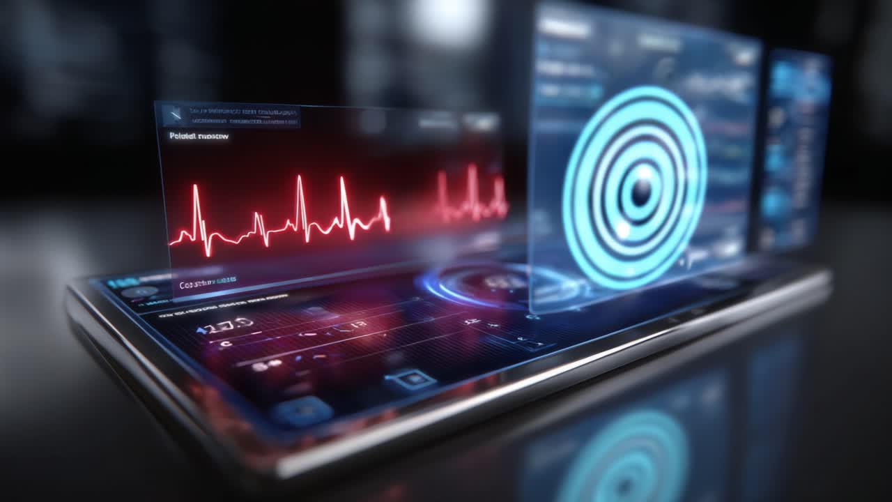 Interfaccia futuristica per smartphone che mostra analisi e visualizzazione del monitoraggio della salute per la frequenza cardiaca e i segni vitali con rappresentazione grafica avanzata.