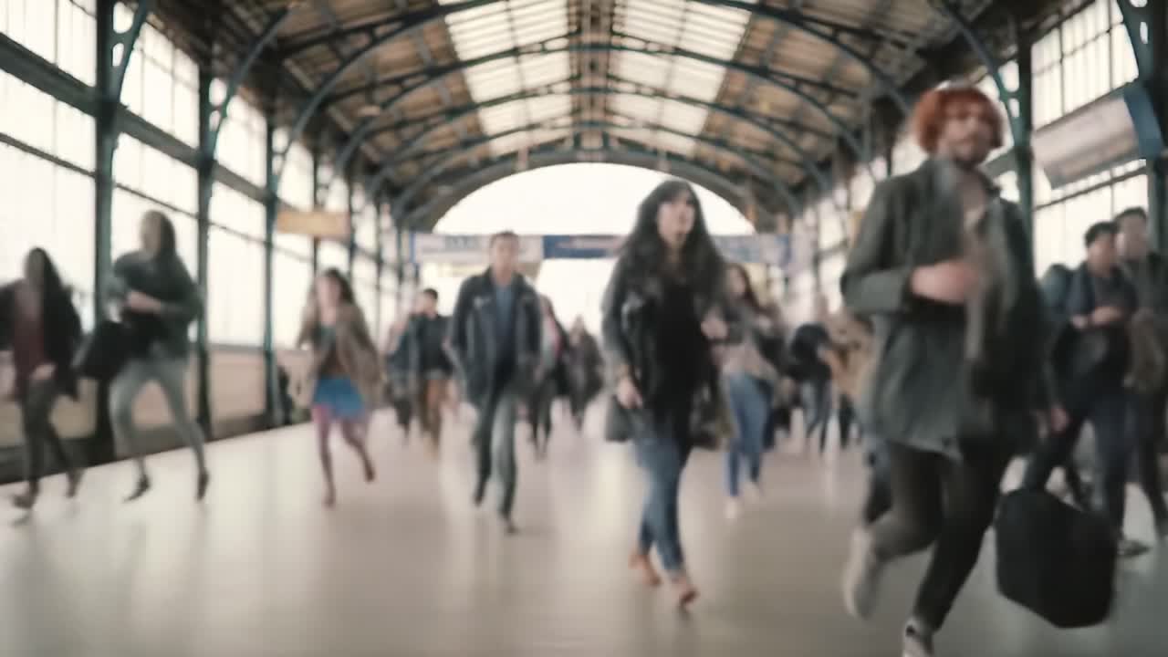 Capturing the Rush: A Scene of Commuters Hurrying Through a Busy Train Station, Illustrating the Fast-Paced Urban Life and Daily Journeys of People on the Move