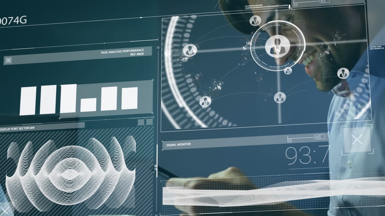 animación del procesamiento de datos financieros sobre un hombre caucásico que usa un teléfono inteligente
