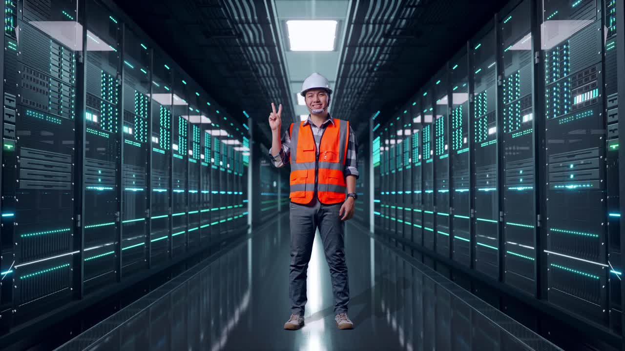 Full Body Of Asian Male Engineer With Safety Helmet Smiling And Showing Peace Gesture While Standing in Server Room Data Center
