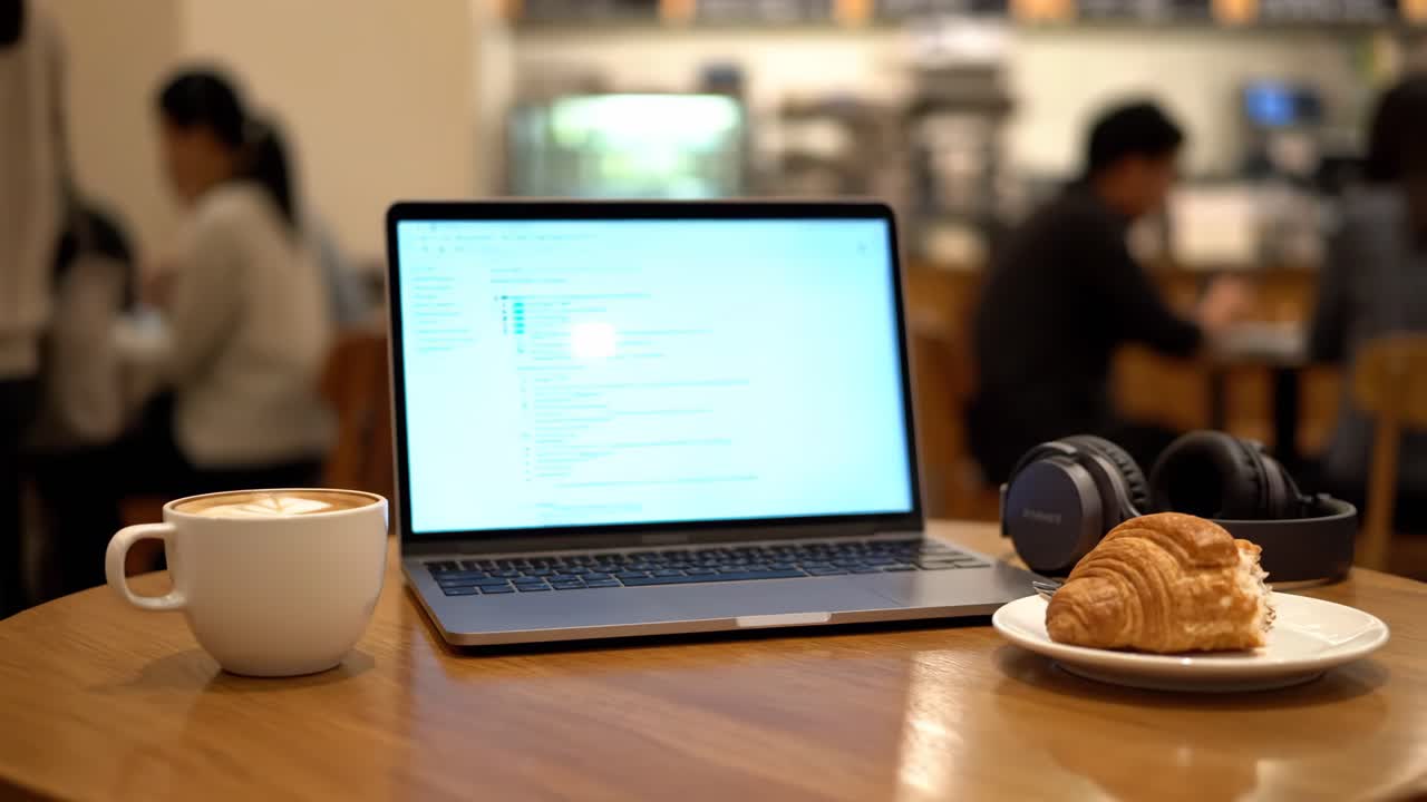 Laptop, Coffee, and Croissant at a Cafe