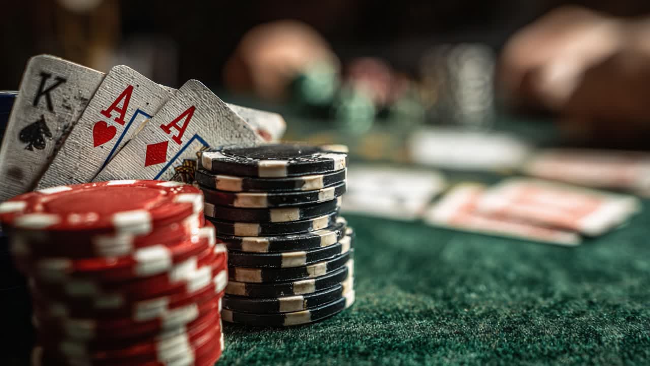 Intense Poker Game Featuring Ace Pair with High Stakes: The Thrilling Moments of Card Play and Chip Stacking in a Competitive Casino Atmosphere