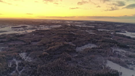 panorama view of icy wooden winter landscape during golden sunset at sky - aerial wide shot