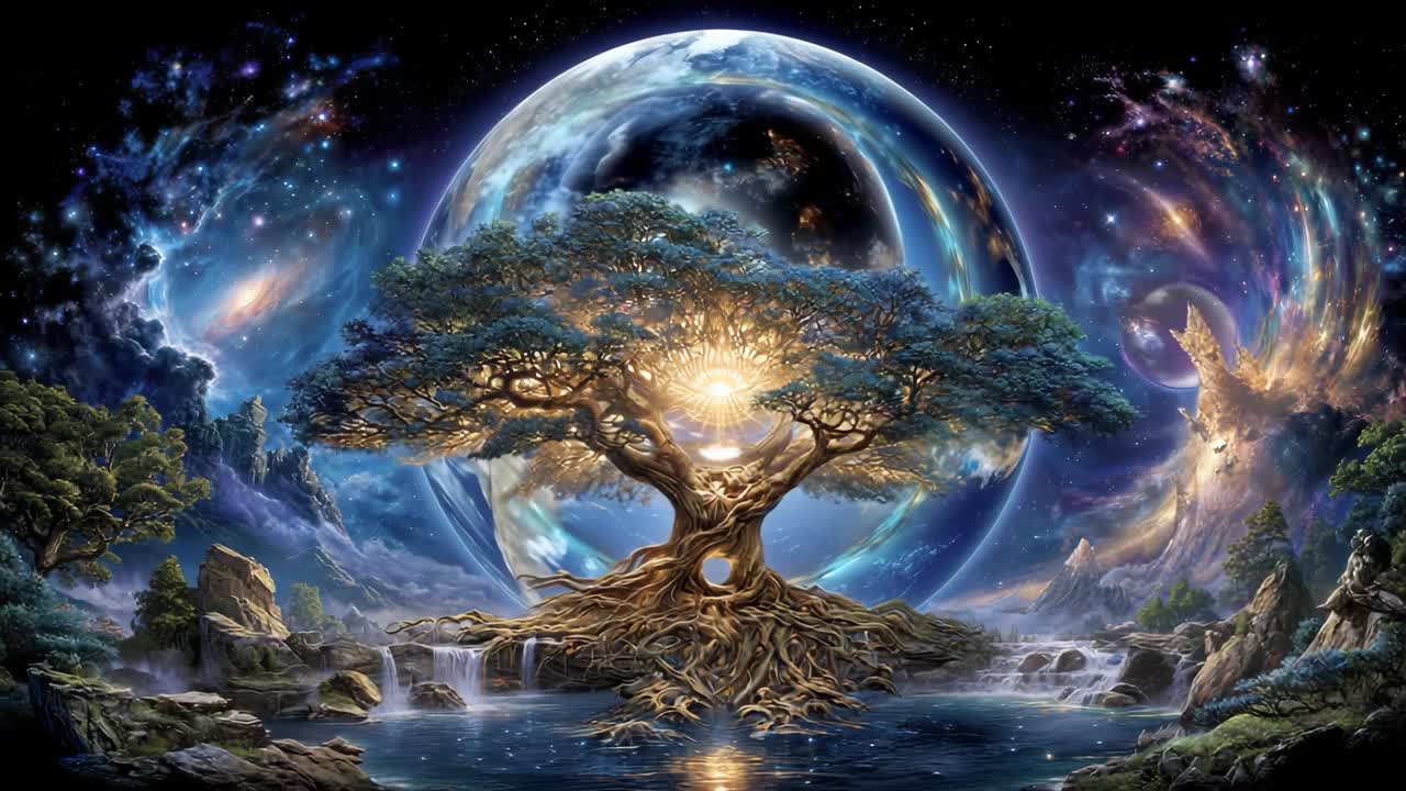 Colorful cosmic tree scene. A majestic tree emits light, surrounded by planets and cosmic elements, creating a serene and mystical atmosphere.