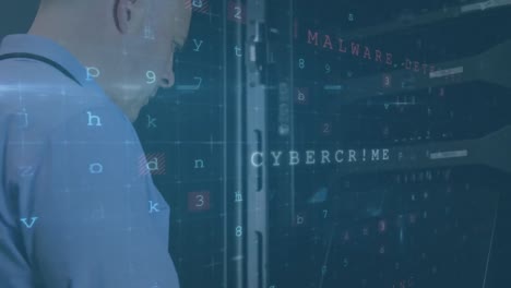 hombre trabajando en un servidor de computadora mientras los mensajes de advertencia aparecen en primer plano
