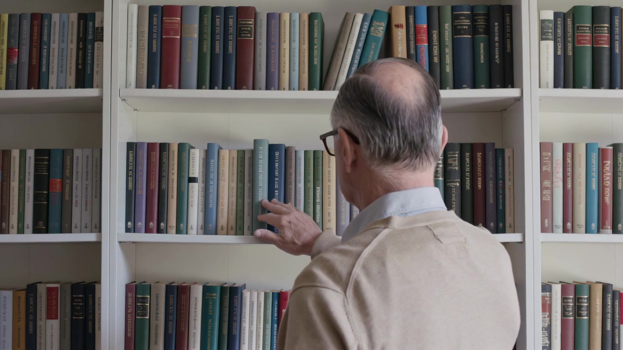 Anziano con occhiali e maglione che cerca un libro con dorso verde acqua su scaffali a muro in uno studio, spazio copia.
