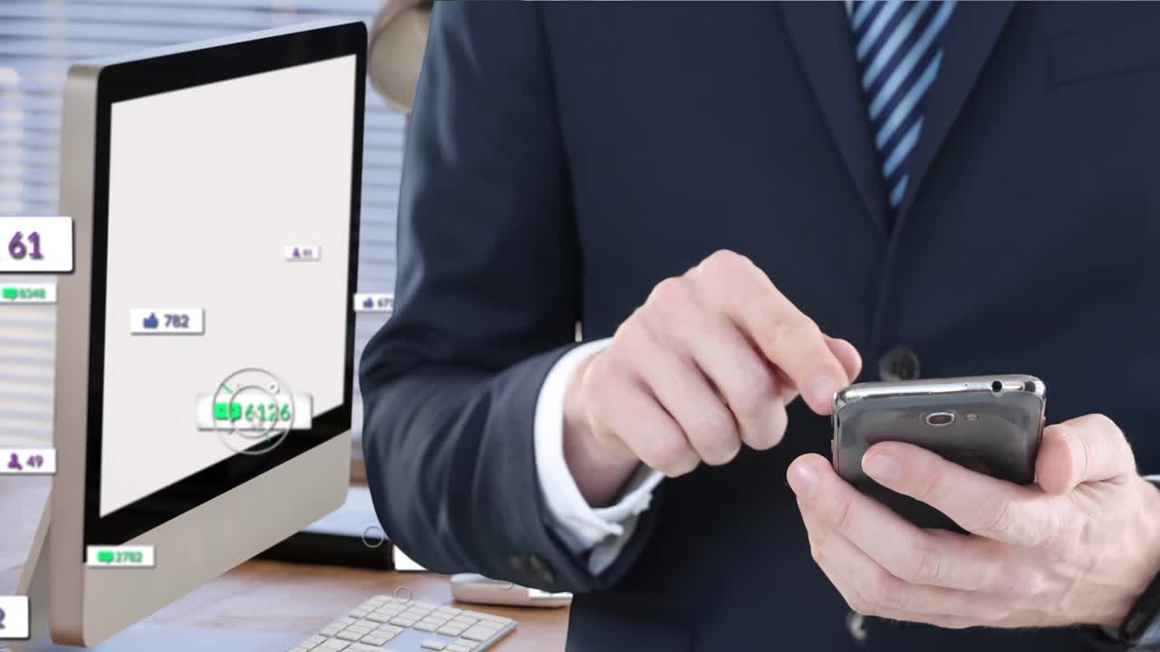 스마트폰을 사용하는 백인 사업가에 대한 소셜 미디어 아이콘의 애니메이션.